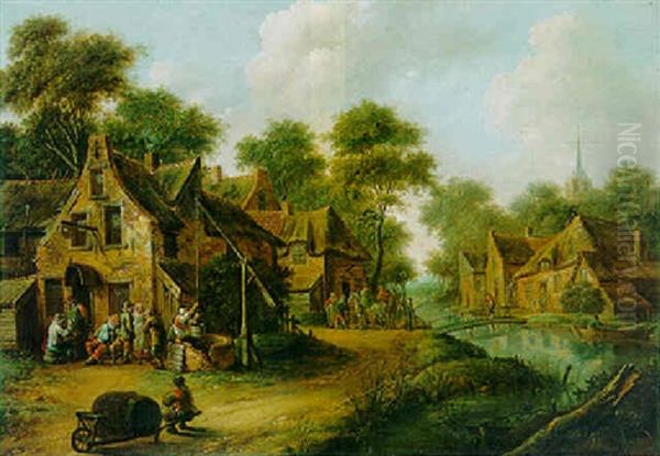 A Peasant Woman Drawing Water From A Well By A Village Inn, Travellers Halting By A Bridge Beyond by Barend Gael