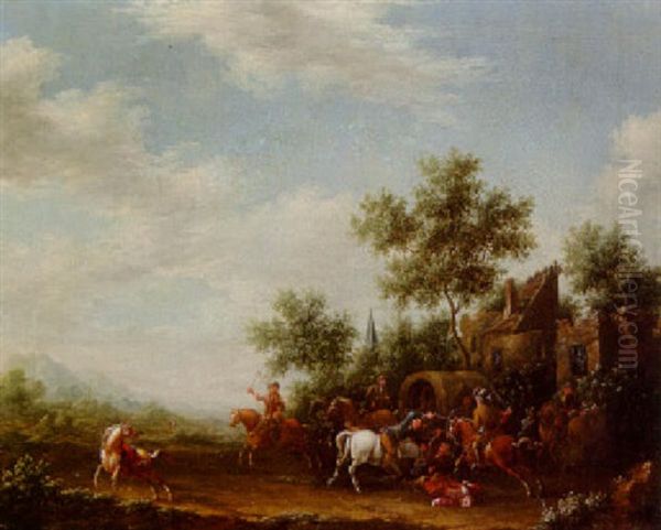 A Coach Being Ambushed On A Country Road Oil Painting by Barend Gael