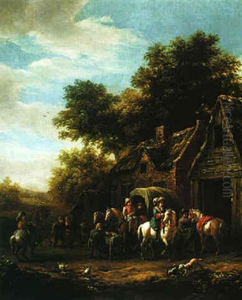 A Horse And Cart With Travellers Halted At An Inn Oil Painting by Barend Gael