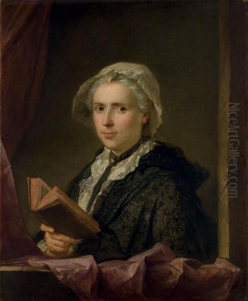 Portrait De Dame Tenant Un Livre Oil Painting by Jacques Andre Joseph Aved