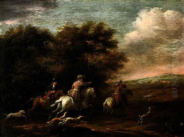 A Stag Hunt Oil Painting by Barend Gael