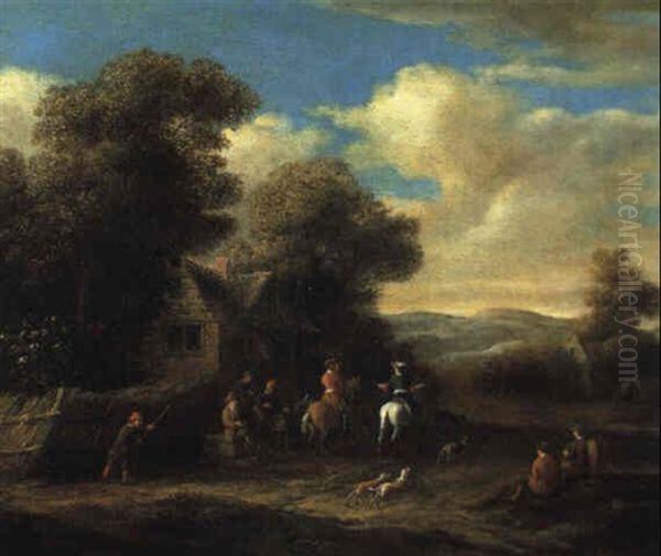 Bauern Und Reiter Vor Einem Bauernhaus Oil Painting by Barend Gael