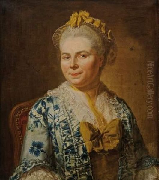 Portrait De Femme A La Robe De Soie Bleue Et Jaune Oil Painting by Jacques Andre Joseph Aved