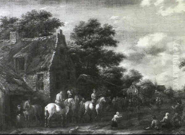 A Village Landscape With Figures Playing An Equestrian Sport In The Street Oil Painting by Barend Gael