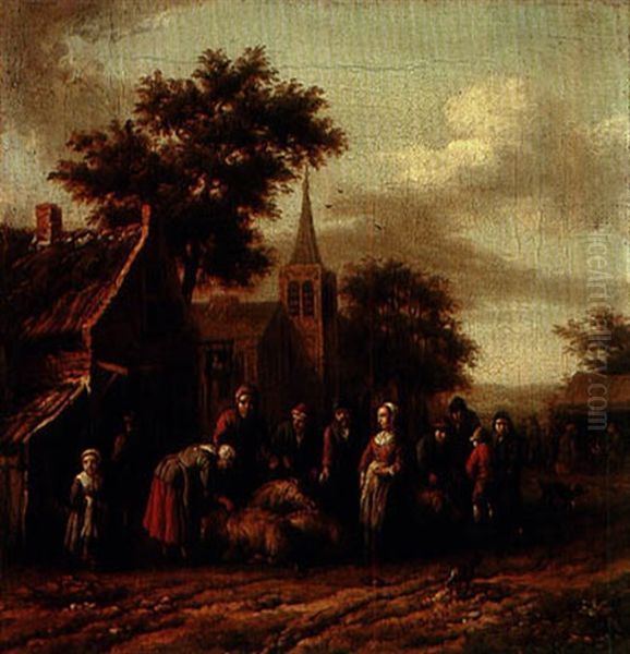 A Sheep Market; A Poultry Market Oil Painting by Barend Gael