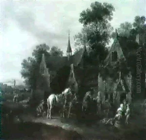 Village Streets With Travellerhalting By Inns               ( A Pair) (2) Oil Painting by Barend Gael