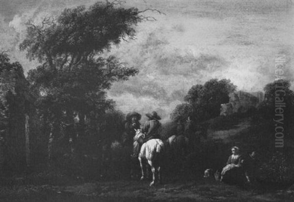 Travellers Conversing On A Wooded Path In A Landscape Oil Painting by Barend Gael