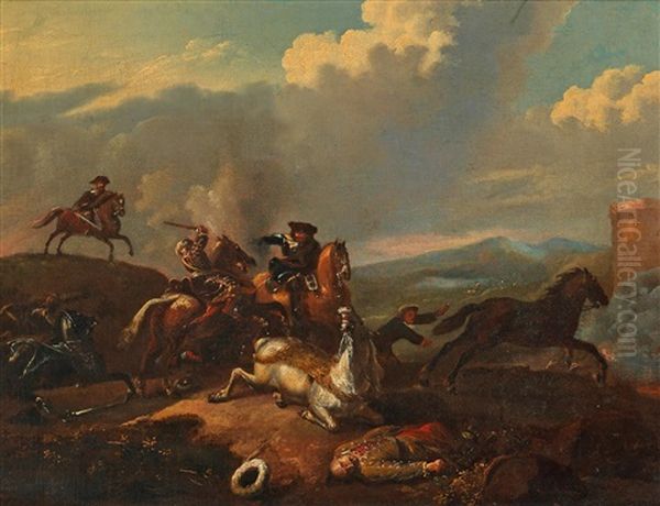 A Cavalry Engagement Oil Painting by Alexander Van Gaelen