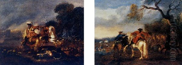 A Battle Scene With Two Horsemen In The Foreground Oil Painting by Alexander Van Gaelen