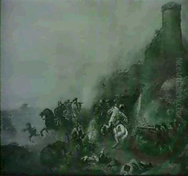 A Military Engagement Beneath Castle Walls Oil Painting by Alexander Van Gaelen