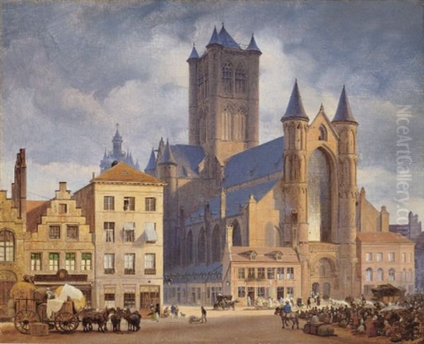 Der Marktplatz Mit Der Nikolaikirche In Gent Oil Painting by Johann Philipp Eduard Gaertner