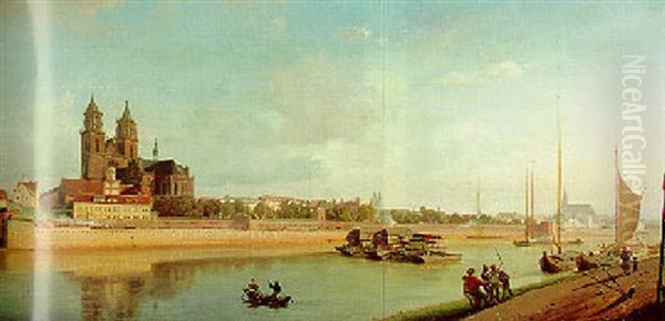 Magdeburg An Der Elbe; Ansicht Von Ost Nach West Oil Painting by Johann Philipp Eduard Gaertner