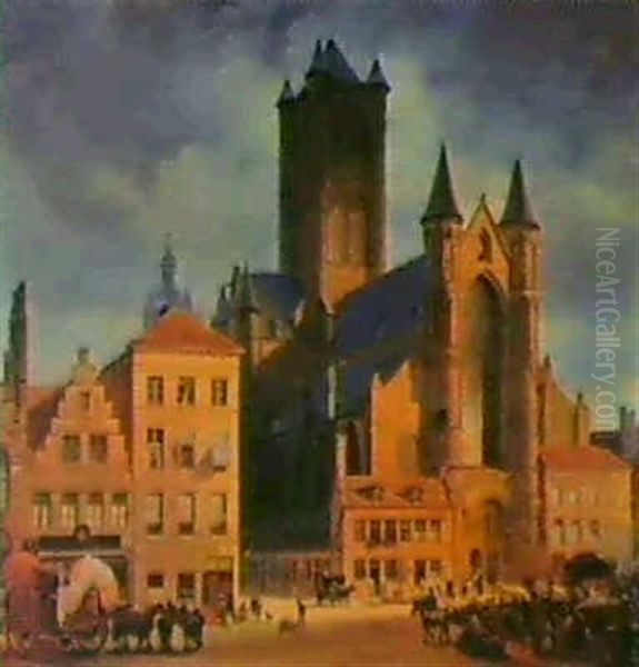 Der Marktplatz Mit Der Nikolaikirche In Gent Oil Painting by Johann Philipp Eduard Gaertner