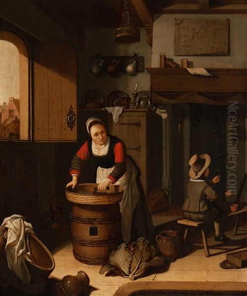 Ironing Kitchen Maid With Young Boy Oil Painting by Adriaen van Gaesbeeck