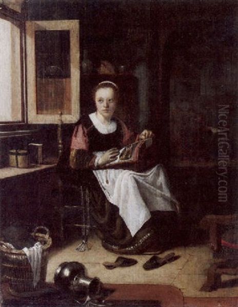 Stickende Junge Frau In Einem Interieur Am Offenen Fenster Oil Painting by Adriaen van Gaesbeeck