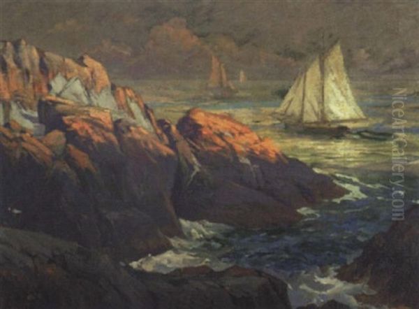 Sailboats Off A Rocky Shore Oil Painting by Robert Ford Gagen