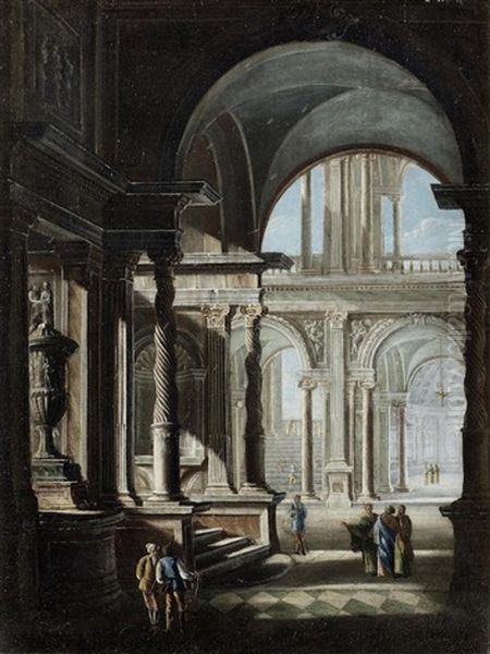 The Interior Of A Palace With Groups Of Figures In Conversation Oil Painting by Filippo (il Bizzarro) Gagliardi