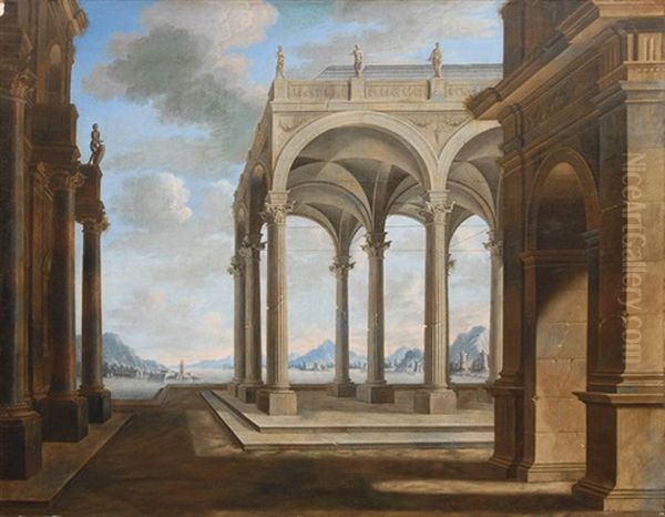 Architectural Capriccio In Idealised Landscape Oil Painting by Filippo (il Bizzarro) Gagliardi