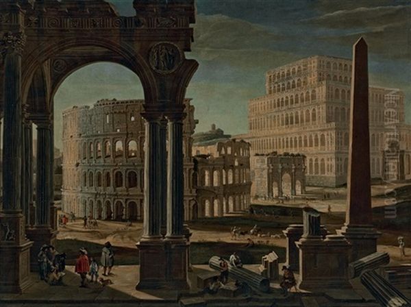 A Capriccio With The Colosseum, The Arch Of Constantine, And The Tower Of Maecenas, Rome by Filippo (il Bizzarro) Gagliardi