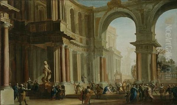 An Architectural Capriccio With Christ And The Woman Taken In Adultery In The Foreground by Filippo (il Bizzarro) Gagliardi