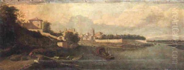 A River Landsape With Stevedores Loading Barrels On To A Boat Oil Painting by Filippo (il Bizzarro) Gagliardi