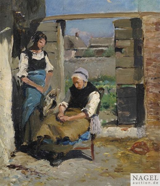 Fischersfrauen Im Sonnigen Innenhof Oil Painting by Julien Gustave Gagliardini