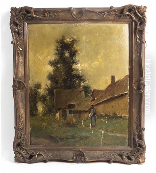 Cottage With Mother And Child Oil Painting by Julien Gustave Gagliardini