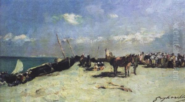 Arrivage De Poissons, Cayeux Oil Painting by Julien Gustave Gagliardini