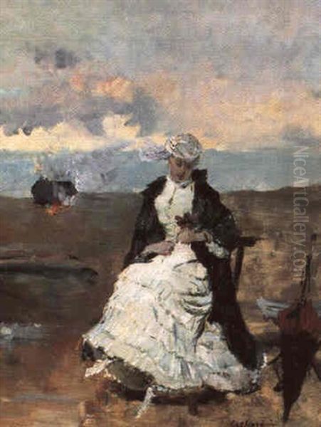 Jeune Femme En Crinoline Sur La Plage by Julien Gustave Gagliardini