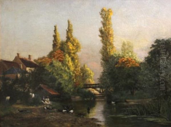 An Extensive River Landscape With Washerwomen And Ducks In The Foreground Oil Painting by Paul-Leon Gagneau