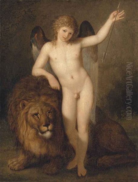 Cupid With A Lion In A Wooded Landscape Oil Painting by Benigne Gagneraux