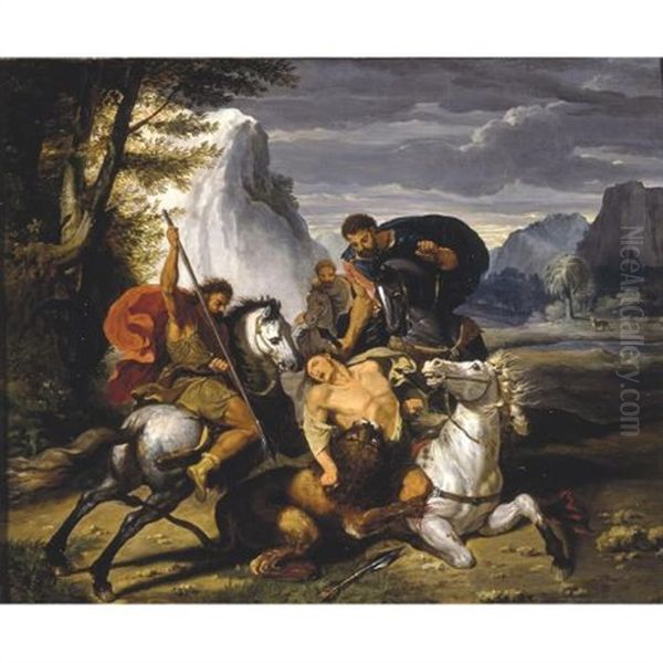 A Lion Hunt Oil Painting by Benigne Gagneraux