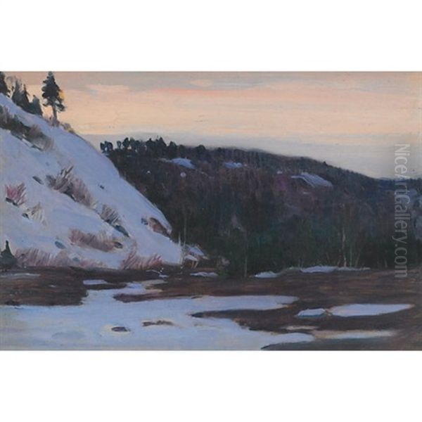 Fin D'hiver, Crepuscule, Baie St. Paul, Quebec Oil Painting by Clarence Alphonse Gagnon