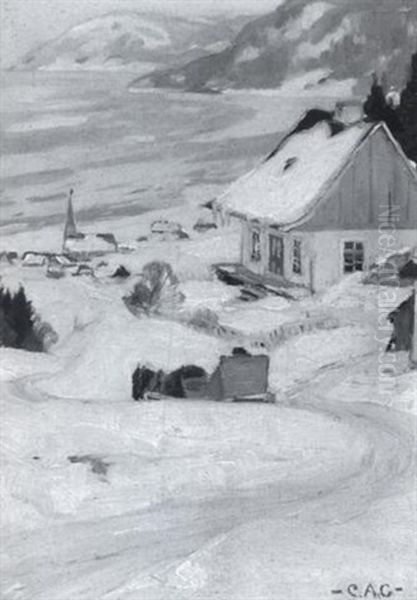 The Road To Town / A Winter Landscape With A Horse Drawn Sleigh Oil Painting by Clarence Alphonse Gagnon