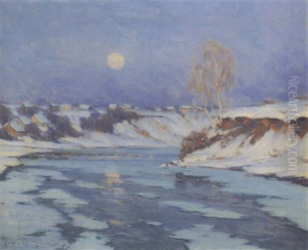 Winter Moonlight, Baie St. Paul, Quebec Oil Painting by Clarence Alphonse Gagnon