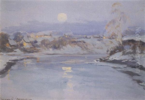 Clair De Lune D'hiver A Baie St. Paul Oil Painting by Clarence Alphonse Gagnon