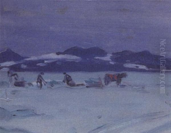 Ice Harvest Oil Painting by Clarence Alphonse Gagnon