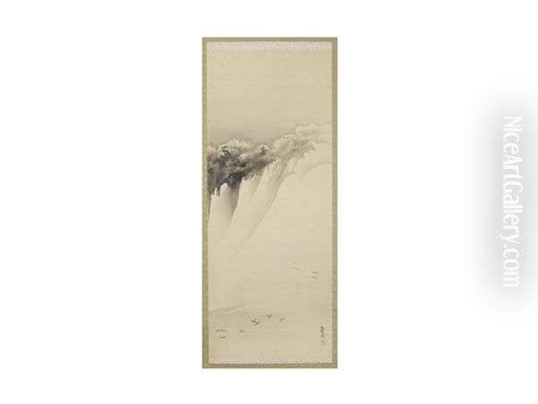 Snow Piled Mountain And Flying Birds Over The River Oil Painting by Hashimoto Gaho