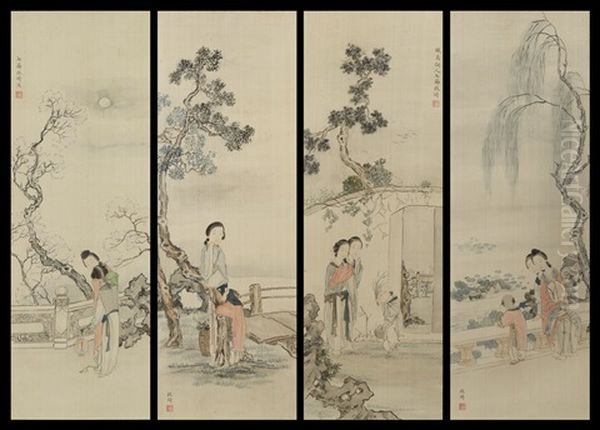 Four Scenes Of Beauties Oil Painting by  Gai Qi