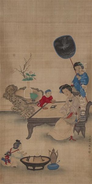 A Lady And A Child Seated At A Table With An Attendant Bearing A Fan, With A Vase Of Flowers On A Naturalistic Table In The Background Oil Painting by  Gai Qi