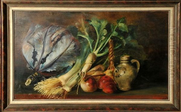 Stillleben Mit Rotkohl, Lauch, Rettich, Apfeln Und Krug Oil Painting by Horazio Gaigher