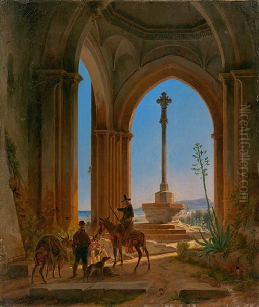 Ruins Of A Church With Resting Huntsmen Near Valencia Oil Painting by Wilhelm Gail