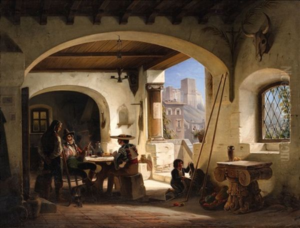 Picadores In A Tavern Beneath The Alhambra Oil Painting by Wilhelm Gail