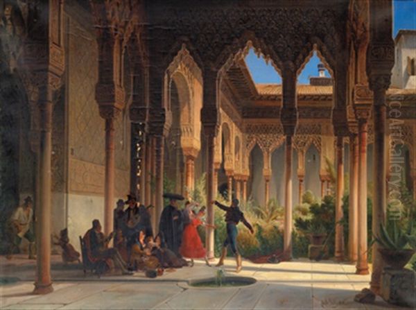 Tanz In Einem Spanischen Innenhof (alhambra) Oil Painting by Wilhelm Gail