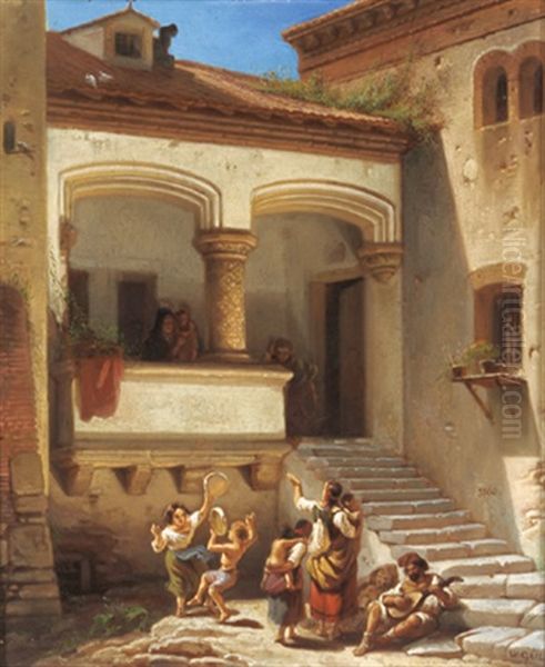 Musizierende Kinder In Einem Italienischen Innenhof Oil Painting by Wilhelm Gail