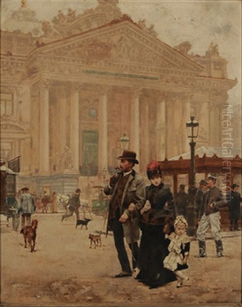 Strolling In Front Of The Theatre Royal De La Monnaie, Brussels Oil Painting by Francois Gaillard