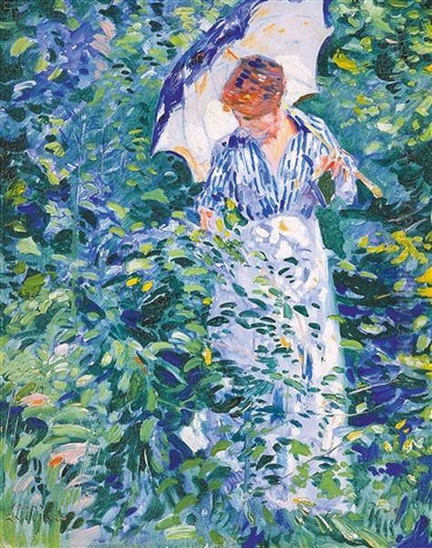 Vrouw Met Parasol - Femme Tenant Une Ombrelle Dans Un Jardin Fleuri Oil Painting by Franz (Bernard) Gailliard