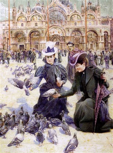 Jeunes Femmes Sur La Place Saint Marc A Venise, Entourees De Pigeons Oil Painting by Franz (Bernard) Gailliard