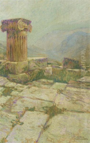 Greek Column In A Landscape Oil Painting by Franz (Bernard) Gailliard