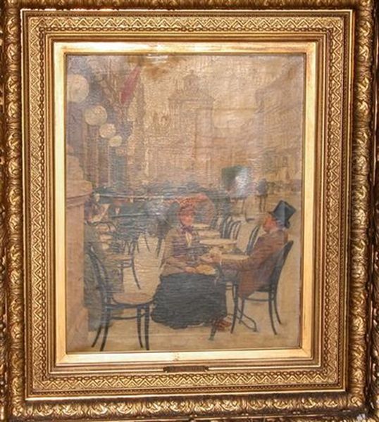 Belgian Street Scene With Sidewalk Cafe And Figures Oil Painting by Franz (Bernard) Gailliard